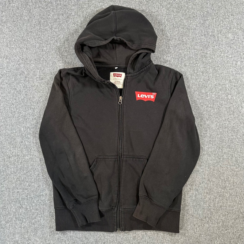 Levi's Hoodie Boys Large 10/12 1633508 Black Batwing Logo Zip Up Fleece